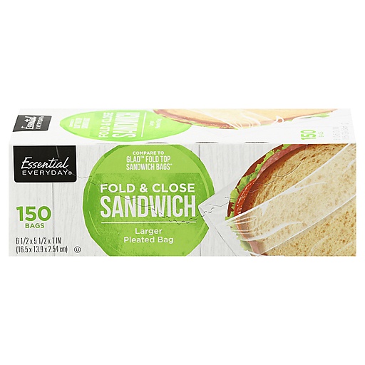 Essential Everyday Sandwich Bags, Pleated, Fold & Close, Larger