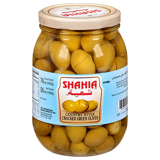Shahia Green Olives, Cracked, Country Style 56 Oz