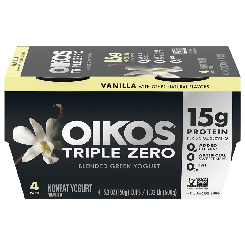 Oikos Triple Zero Yogurt, Nonfat, Blended, Greek, Vanilla, 4 Pack